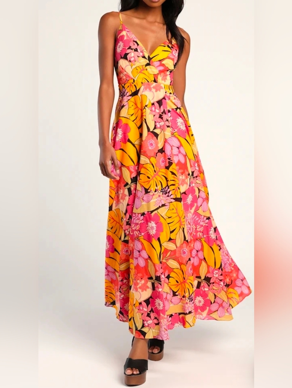 NWT Lulu's Vibrant Tropical Floral Island Dress  Yellow Pink & Orange  Womens XS
